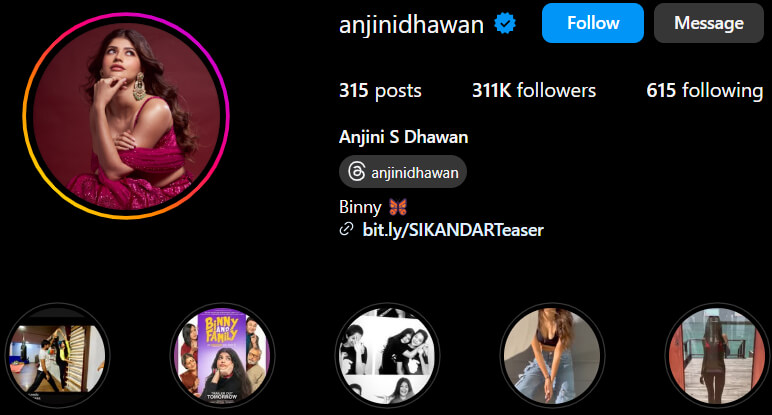Anjini Dhawan Instagram Account